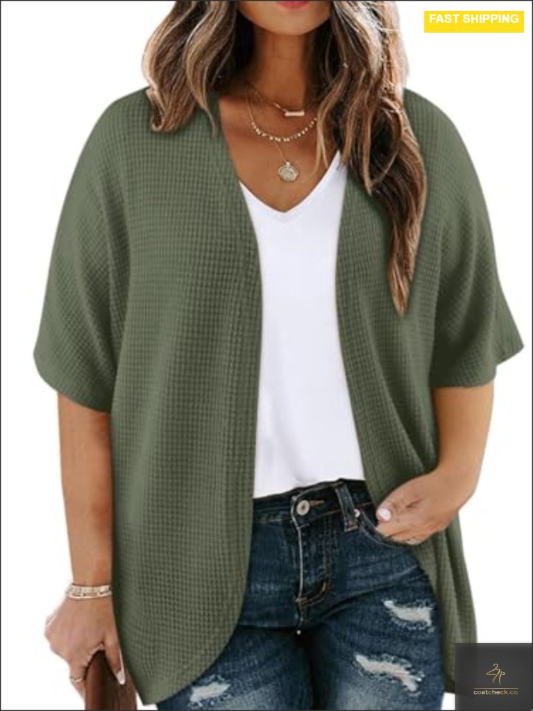 Plus Size Waffle Knit Kimono Cardigan Short Sleeve Open Front Lightweight